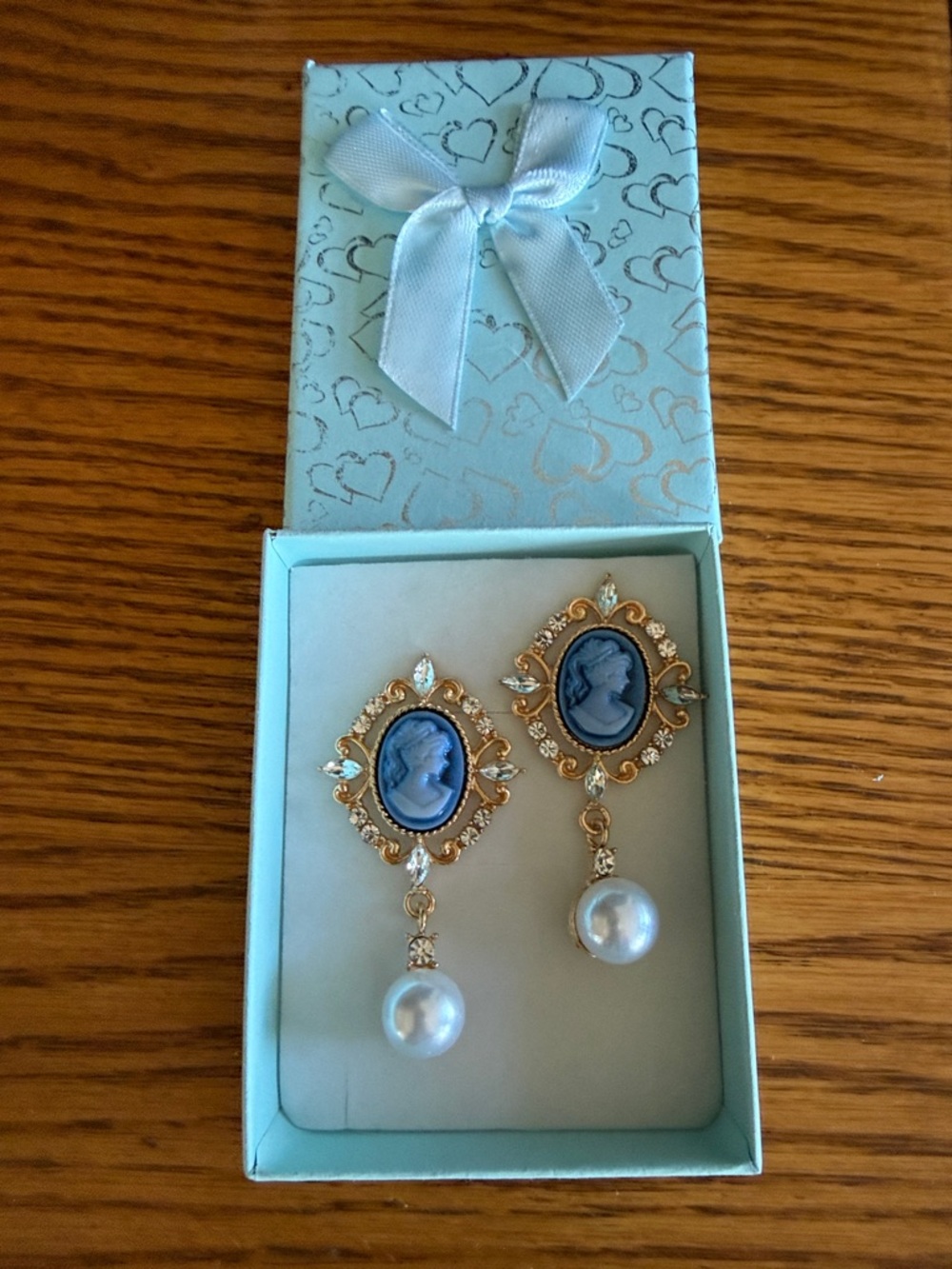Gold-Tone Blue Cameo Drop Earrings with Pearl Dangles